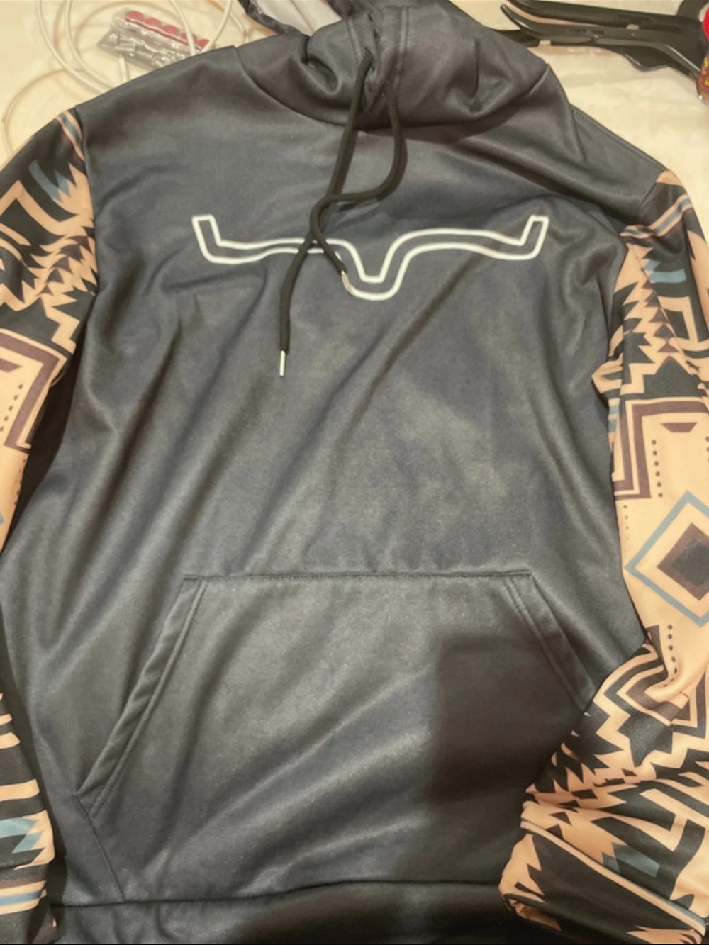 Kimes Ranch Black Pullover Hoodie with Tan & Blue Aztec Sleeves